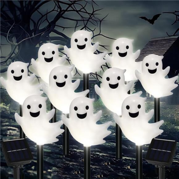 Solar Halloween Ghost Pathway Lights, 10 Pack 3D Lighted Outdoor Stake - Picture 1 of 8